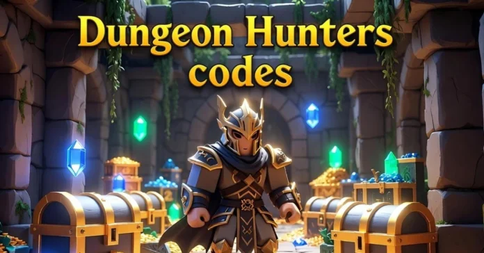 Realistic Roblox-style dungeon scene featuring a heroic character in armor holding a sword, surrounded by glowing Gems and treasure chests. The image includes the text 'Dungeon Hunters Codes' prominently, representing in-game rewards and code redemption.