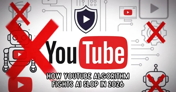 How YouTube Algorithm Fights AI Slop YouTube logo with protective shield symbolizing how the YouTube algorithm fights AI slop and mass-produced content in 2026