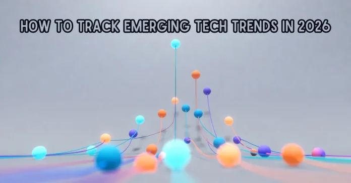 How to Track Emerging Tech Trends Track Emerging Tech Trends with a minimalist illustration showing AI, robotics, and future technology signals