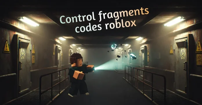 Control Fragments codes guide showing a Roblox horror facility with a player surviving using money and fragment rewards