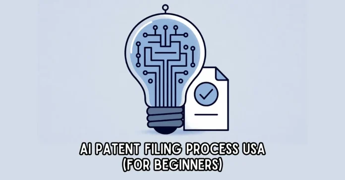 AI patent filing process illustration showing lightbulb with circuit patterns representing innovation and patent documentation