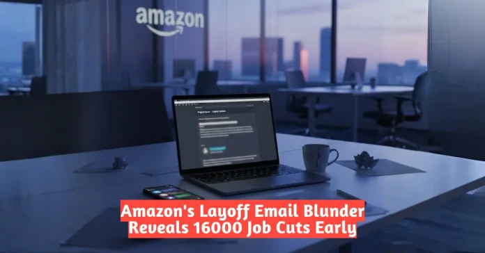 Amazon's Layoff Email Blunder Reveals 16000 Job Cuts Early office workspace showing laptop with leaked Project Dawn email announcement about 16,000 job cuts, surrounded by coffee cup and smartphone displaying workplace notifications in moody blue lighting