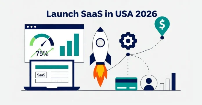 Step-by-step visual guide showing SaaS launch process from validation to first customers, featuring milestone markers, analytics dashboard, and payment setup in minimalist illustration style