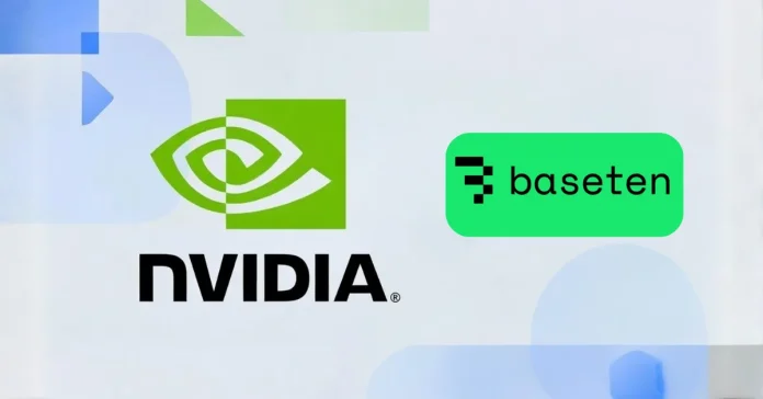 Business illustration showing Nvidia's $150 million investment in Baseten AI inference startup with data center visualization for 2026 funding round