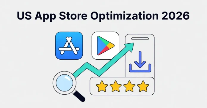 Infographic showing App Store Optimization concepts with Apple and Google Play logos, upward trending graph, and keyword search icons