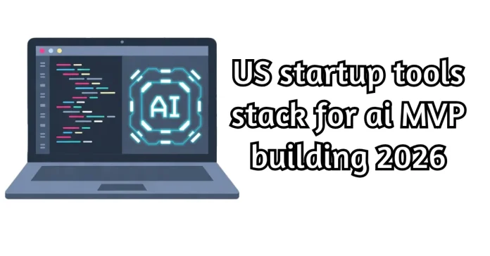 Minimalist illustration of a startup development workspace showing a laptop with AI tools, cloud services, and connected databases in a clean flat design style